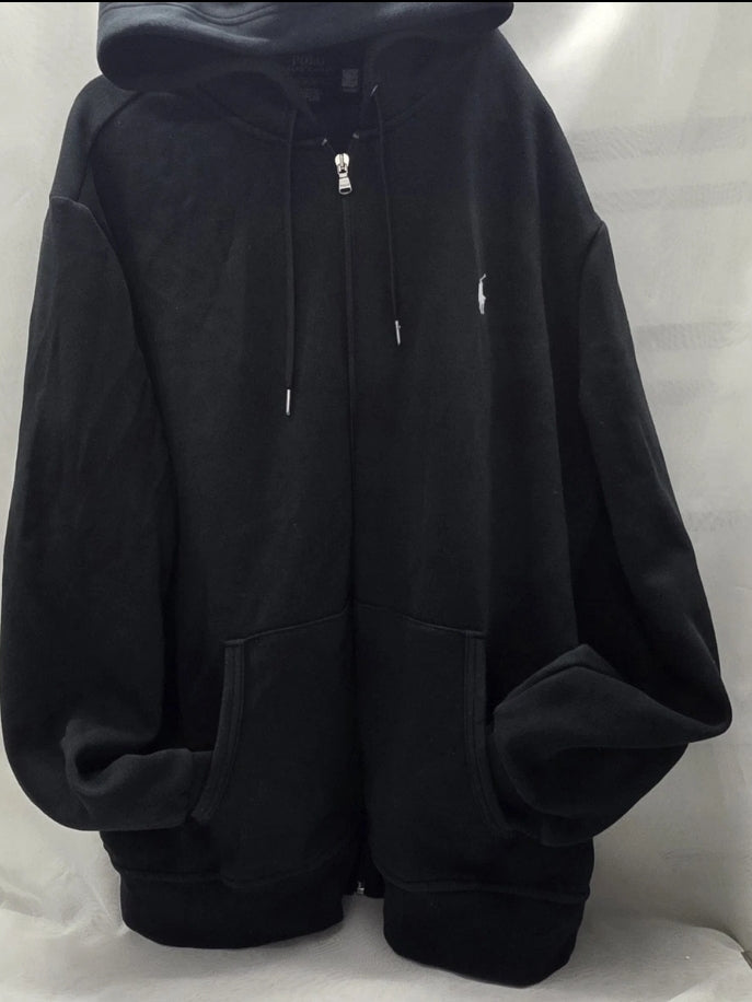 Polo Ralph Lauren Mens XL Zip Up Hoody Black Pockets Tie String Hood.