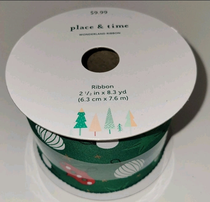 Place And Time Wonderland Ribbon Wired Edge 2 1/2"× 8.3 Yards Green- Ornaments