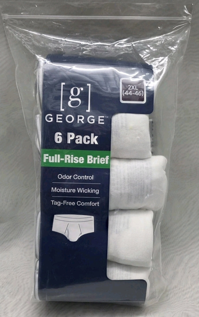George 6 Pack Mens Full Rise Briefs 2XL 44-46 Odor Control Moisture Wicking White