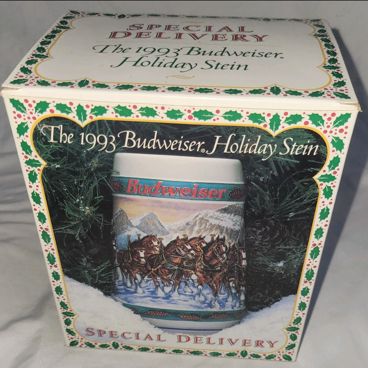 Vintage 1993 Budweiser Holiday Stein Special Delivery 7" Tall 4 Across Top New In Box