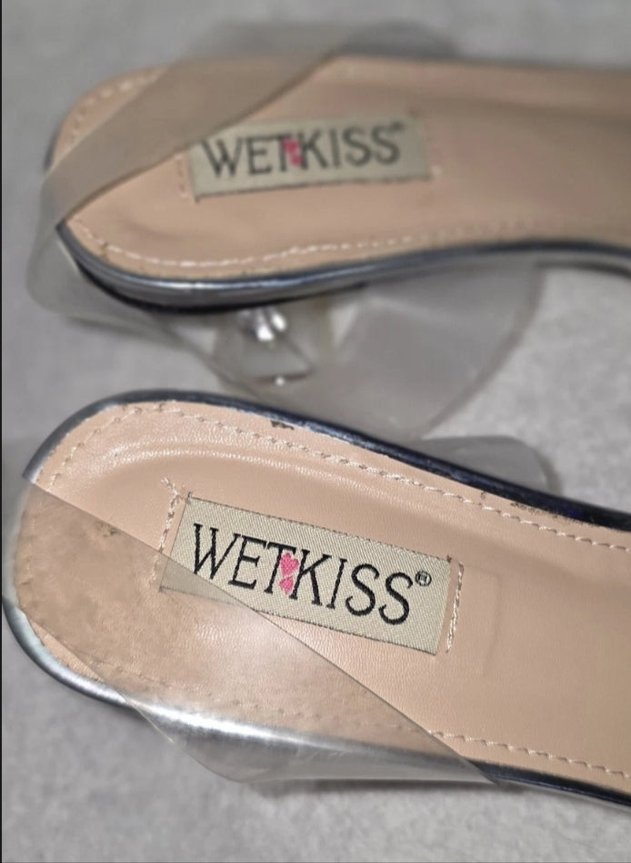 Wet Kiss Womens Fancy Clear High Heel Shoe Size 11 Extra Straps And Gems 2" Heel. Gently used