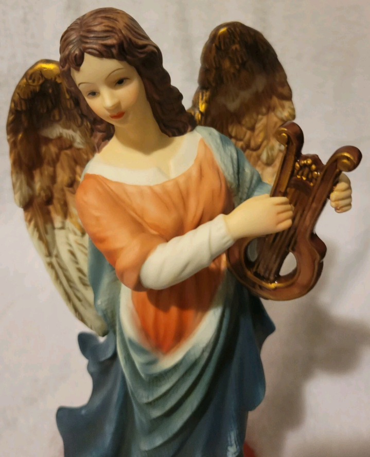 O'well 10" Angel Figurine With Harp Statue With Brown Wings