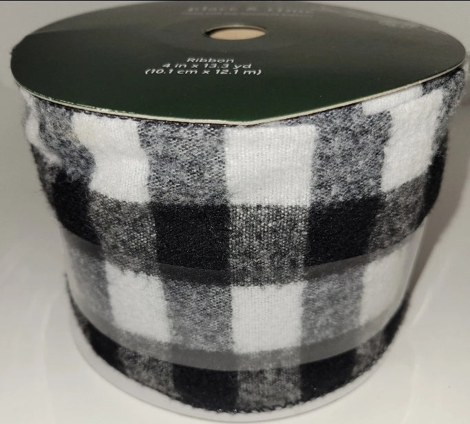 Place And Time Home For The Holiday Ribbon Wired Edge 4" × 13.3 Yards Black White Cheeekers Wide New
