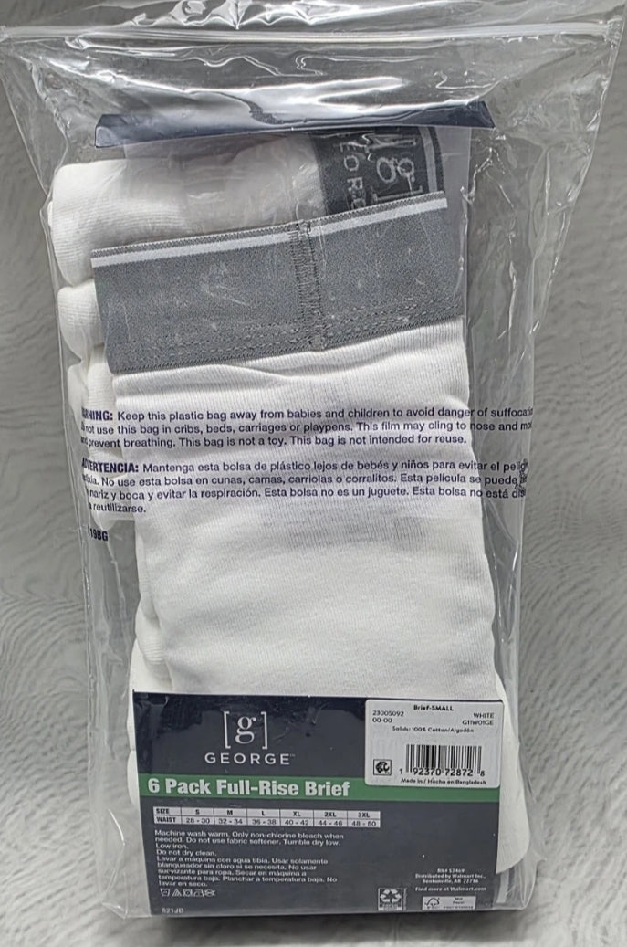 George 6 Pack Mens Full Rise Briefs XL 40-42 Odor Control Moisture Wicking White