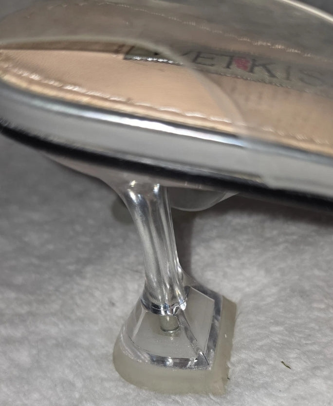 Wet Kiss Womens Fancy Clear High Heel Shoe Size 11 Extra Straps And Gems 2" Heel. Gently used