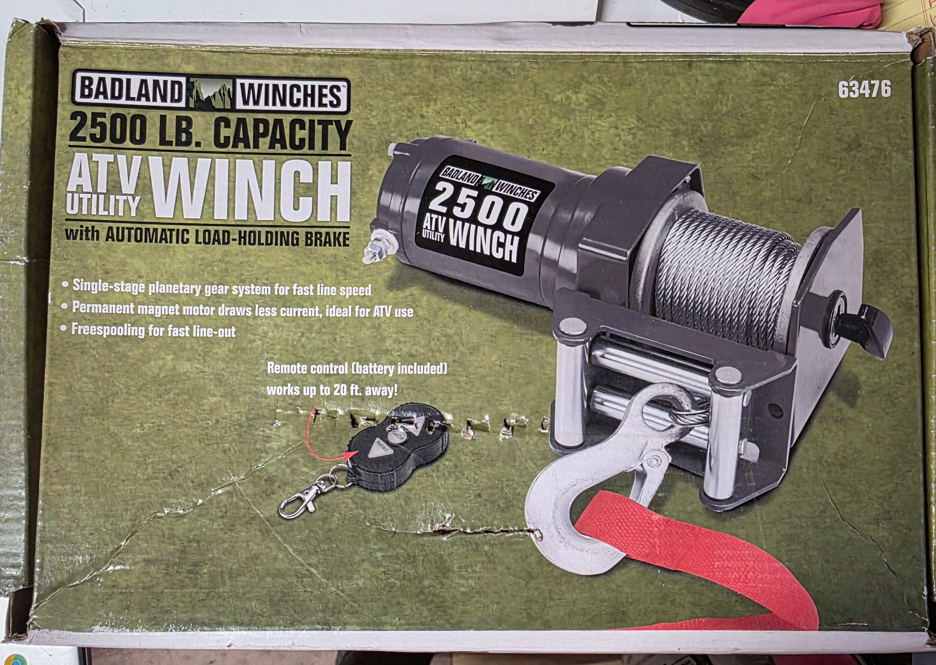 Badland Winches 2500lb Capacity ATV Utility Winch With Automatic Load- Holding Brake Remote Control