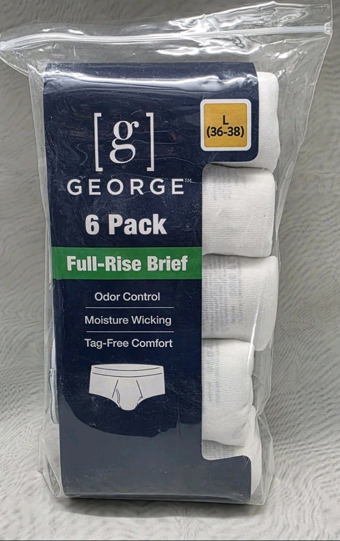 George 6 Pack Mens Full Rise Briefs L 36-38 Odor Control Moisture Wicking White