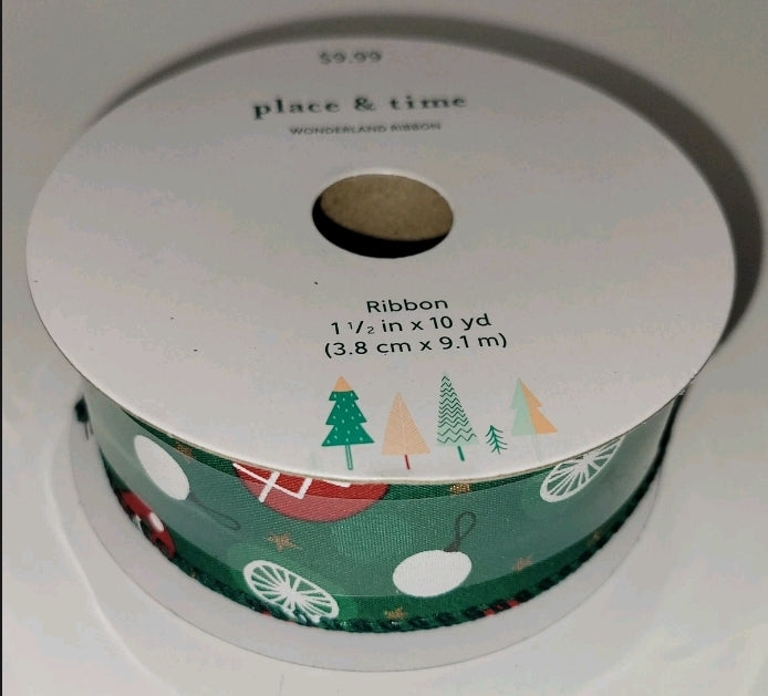 Place And Time Wonderland Ribbon Wired Edge 1 1/2" × 10 Yards Green Ornaments. Condition Is New