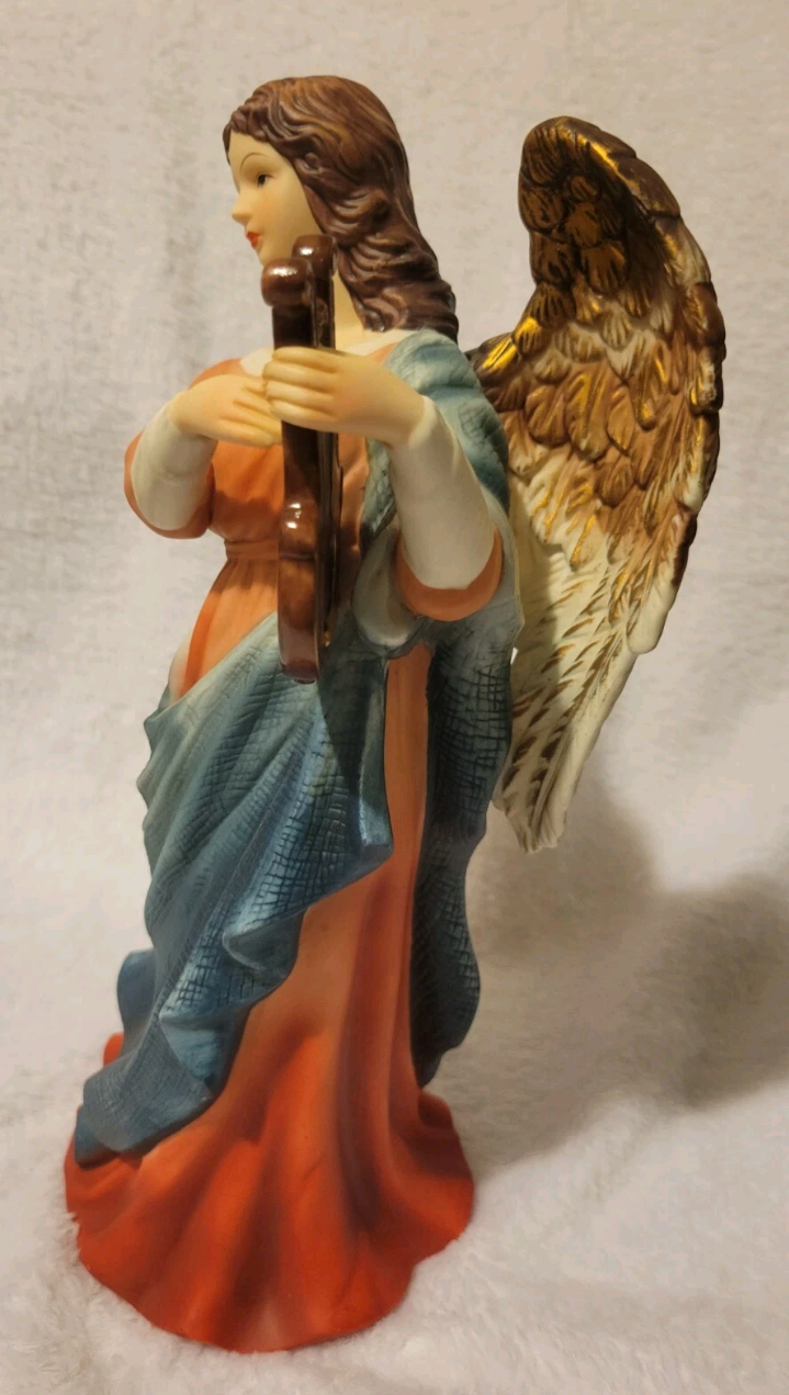 O'well 10" Angel Figurine With Harp Statue With Brown Wings
