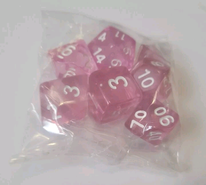 7 Piece Role Play D+D Dice Multi Sided Pink Clear Brand New