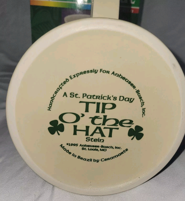 Vintage 1995 Tip O' The Hat Stein St Patrick's Day 5.5" Tall 4" Across Top. Certificate of Authenticity
