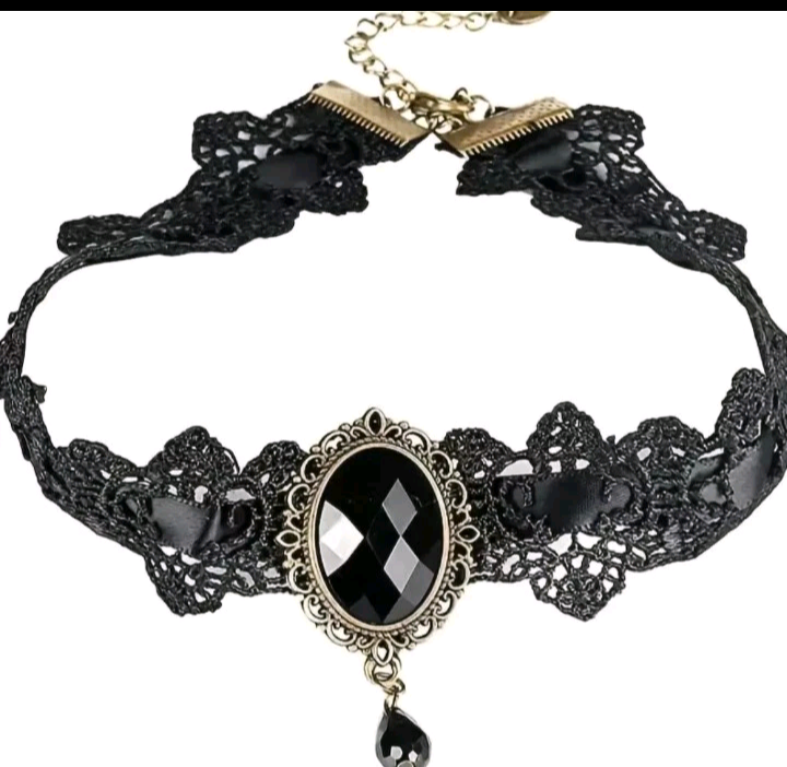 Lace Choker Collar Adjustable Chain In Back Black 16" Long Gothic Cosplay New