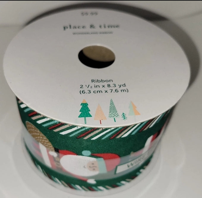 Place And Time Wonderland Ribbon Wired Edge 2 1/2"× 8.3 Yards Santa Claus New Condition.