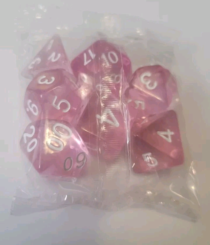 7 Piece Role Play D+D Dice Multi Sided Pink Clear Brand New