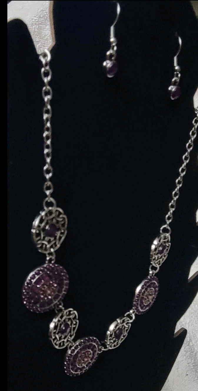 3 Piece Purple And Silvery Jewelry Set Hook Earrings 1/2" Adjustable Chain Thick pendants