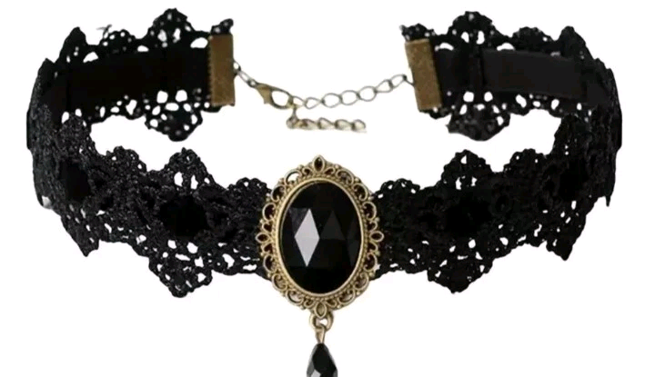 Lace Choker Collar Adjustable Chain In Back Black 16" Long Gothic Cosplay New