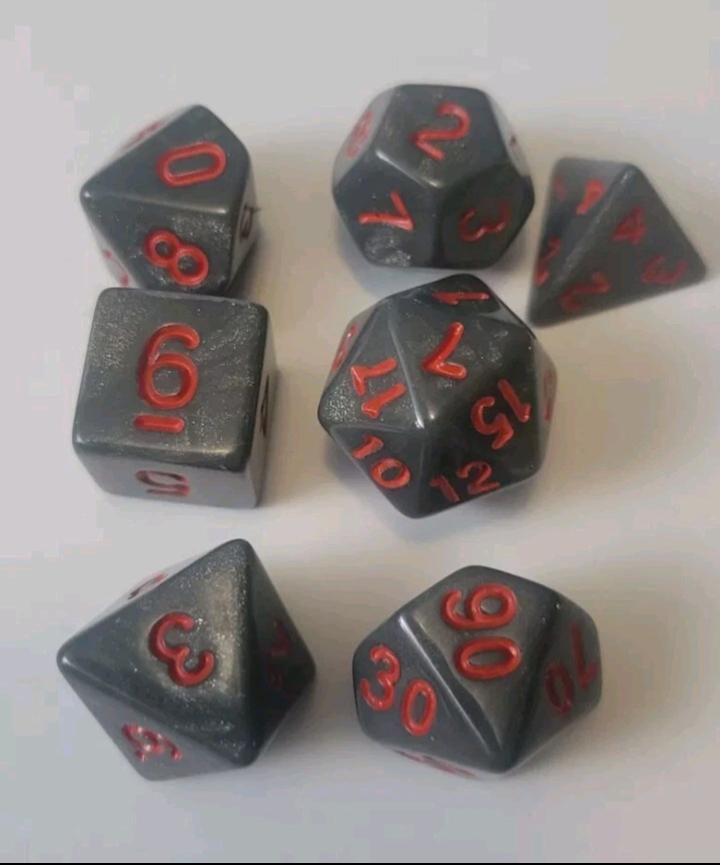 7 Piece Role Play D+D Dice Multi Sided Grey And Red Brand New