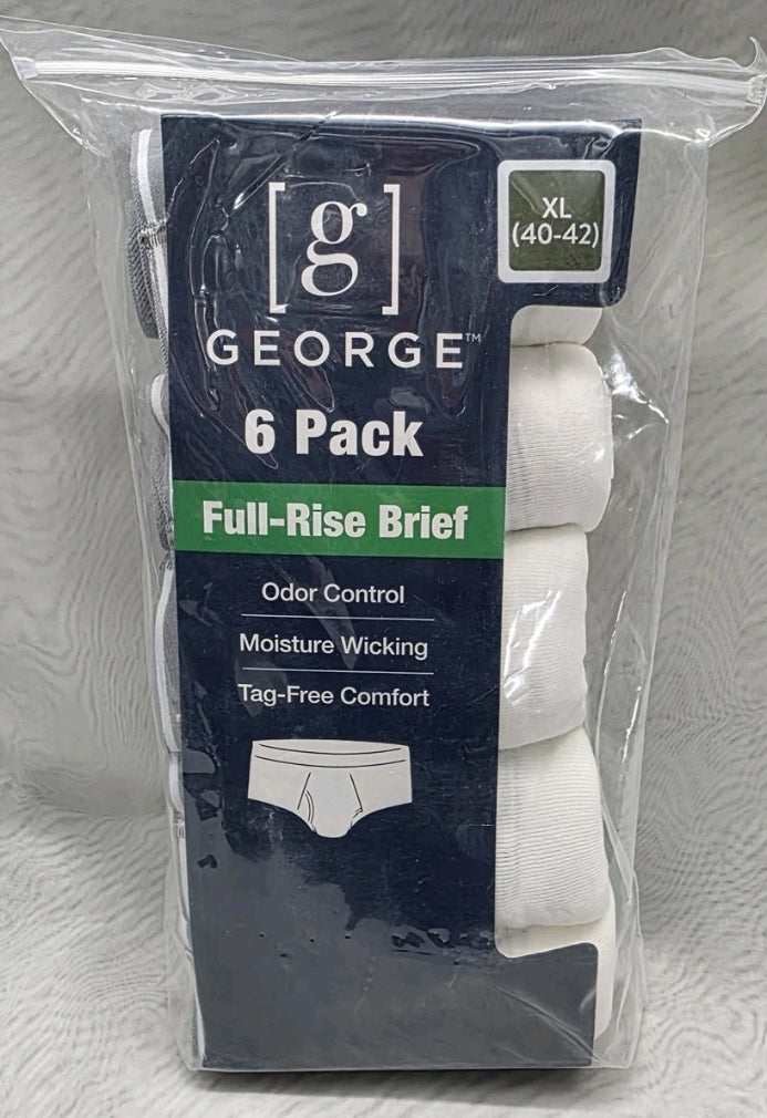 George 6 Pack Mens Full Rise Briefs XL 40-42 Odor Control Moisture Wicking White
