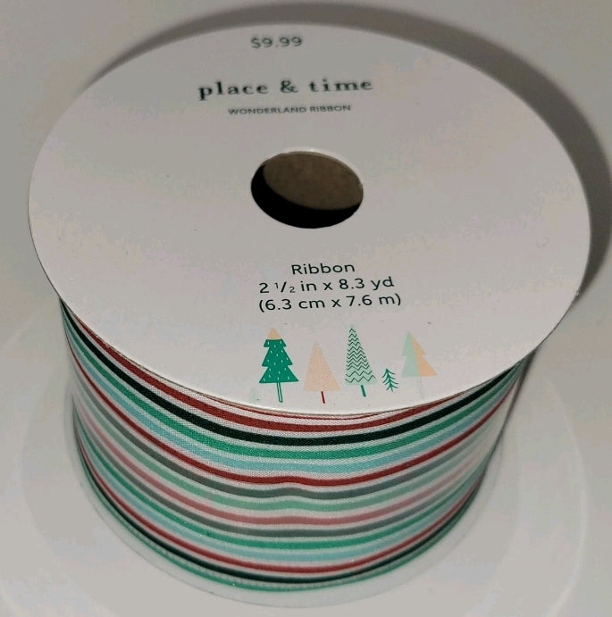 Place And Time Wonderland Ribbon Wired Edge 2 1/2"× 8.3 Yards Thin Stripes New Condition