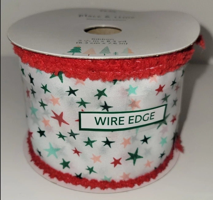Place And Time Wonderland Ribbon Wired Red White Green Stars  2 1/2" × 8.3 Yard
