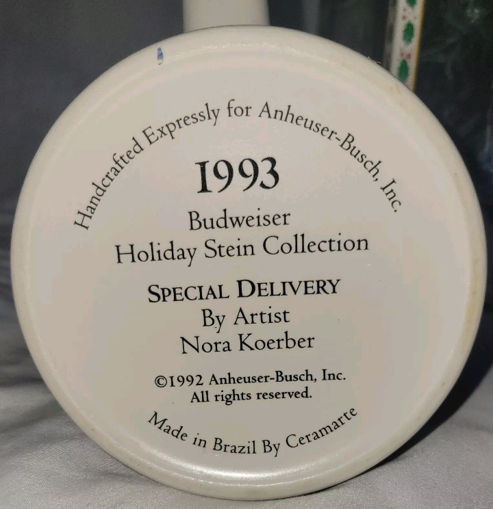 Vintage 1993 Budweiser Holiday Stein Special Delivery 7" Tall 4 Across Top New In Box