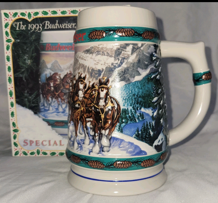 Vintage 1993 Budweiser Holiday Stein Special Delivery 7" Tall 4 Across Top New In Box