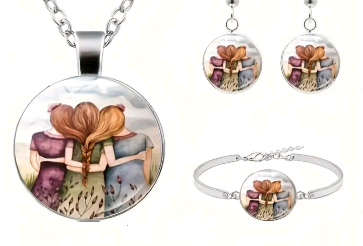 4 Piece Best Friends, Sister Jewelry Set 3 Girls Hugging - Necklace, Earrings, Bracelet.Brand New