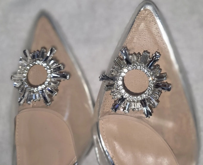 Wet Kiss Womens Fancy Clear High Heel Shoe Size 11 Extra Straps And Gems 2" Heel. Gently used