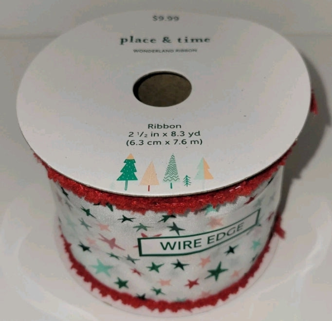 Place And Time Wonderland Ribbon Wired Red White Green Stars  2 1/2" × 8.3 Yard