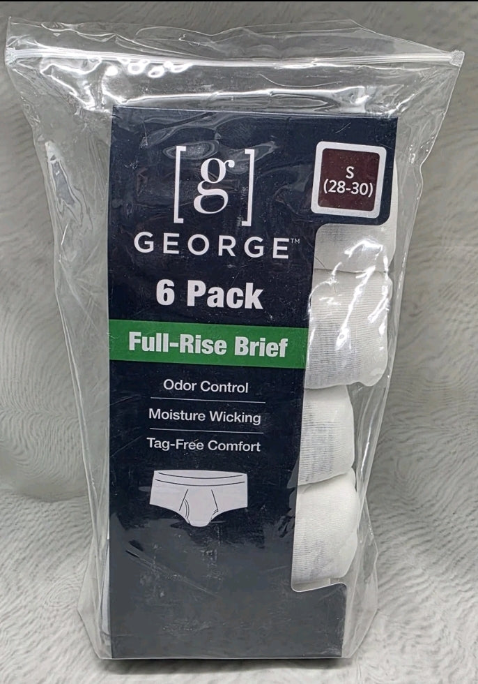 George 6 Pack Mens Full Rise Briefs S 28-30 Odor Control Moisture Wicking White