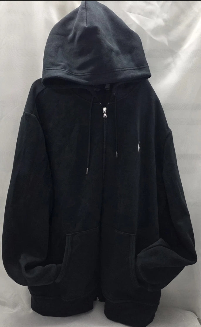 Polo Ralph Lauren Mens XL Zip Up Hoody Black Pockets Tie String Hood.