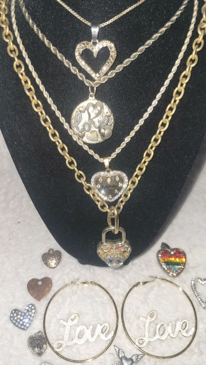 Love And Hearts Jewelry Lot Golden And Silvery Earrings Necklaces Pendants Charms Guess Necklace Bookmark Rainbow Heart
