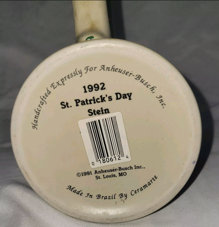 Vintage 1992 St Patrick's Day Stein Anheuser Busch 5.5" Tall 4" Wide Made In Brazil. Excellent Used Condition