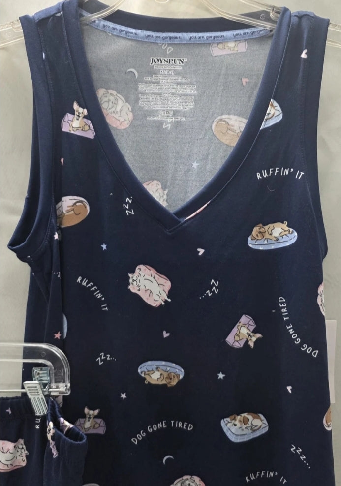 Joyspun Women XS 0-2 2 Pajama Set Tank Top And Shorts Dogs Blue