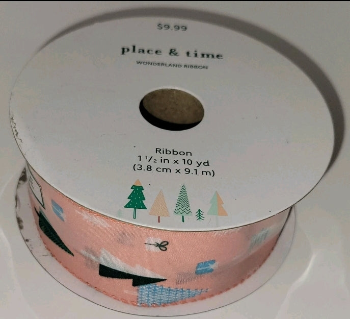 Place And Time Wonder Land Ribbon Wired Edge 1 1/2" × 10 Yards Pearchy Trees. Condition Is New