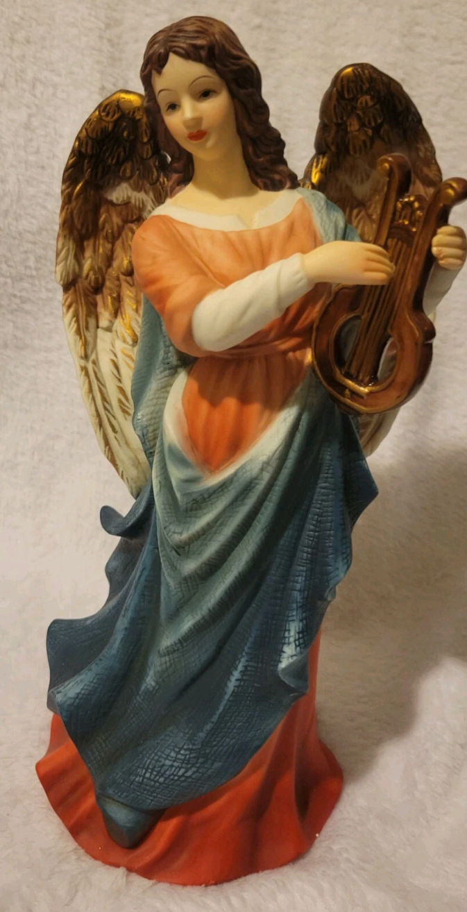 O'well 10" Angel Figurine With Harp Statue With Brown Wings