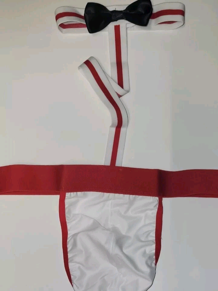 Mens Bow Tie G String Thong Bodysuit Sexy Underwear Medium Size 32 Red And White