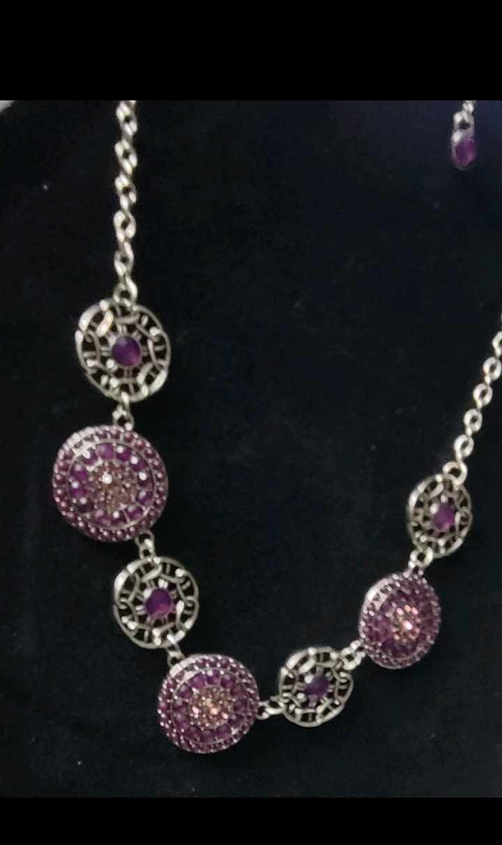 3 Piece Purple And Silvery Jewelry Set Hook Earrings 1/2" Adjustable Chain Thick pendants