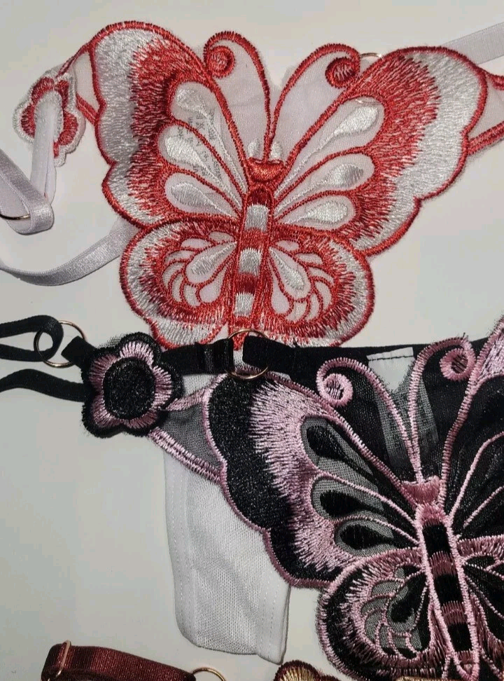 Lot Of 3 Womens Thongs Butterfly Embroidery Low Waist Adjustable Medium New.