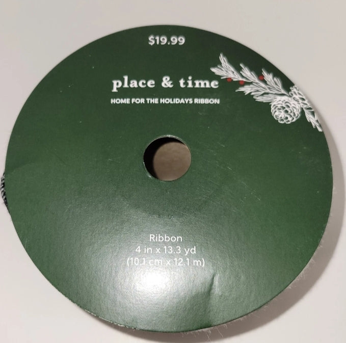 Place And Time Home For The Holiday Ribbon Wired Edge 4" × 13.3 Yards Black White Cheeekers Wide New