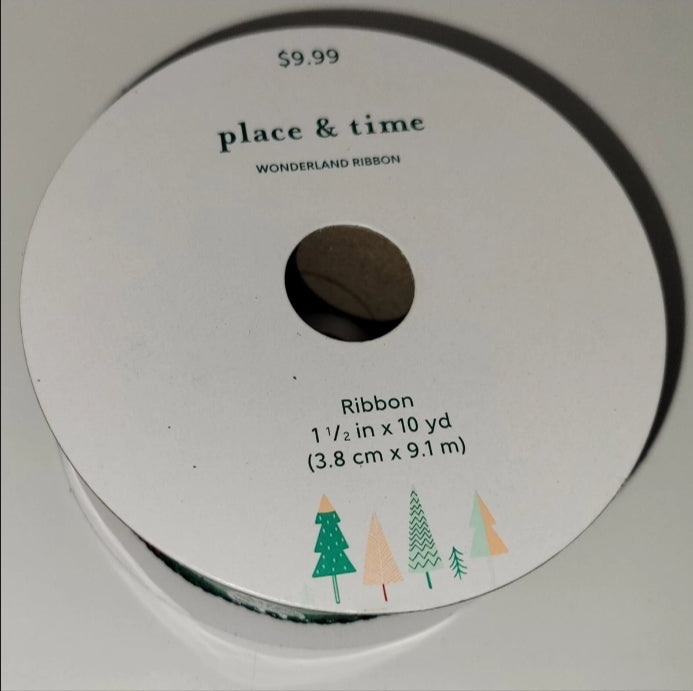 Place And Time Wonderland Ribbon Wired Edge 1 1/2" × 10 Yards Green Ornaments. Condition Is New