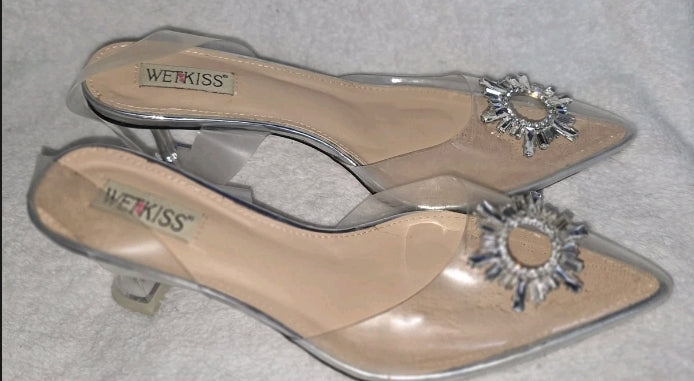 Wet Kiss Womens Fancy Clear High Heel Shoe Size 11 Extra Straps And Gems 2" Heel. Gently used