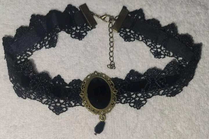 Lace Choker Collar Adjustable Chain In Back Black 16" Long Gothic Cosplay New