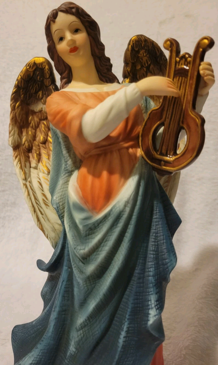 O'well 10" Angel Figurine With Harp Statue With Brown Wings