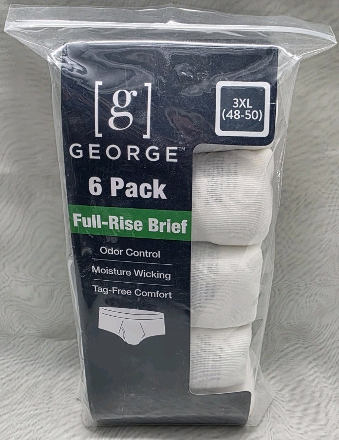 George 6 Pack Mens Full Rise Briefs 3XL 48-50 Odor Control Moisture Wicking White