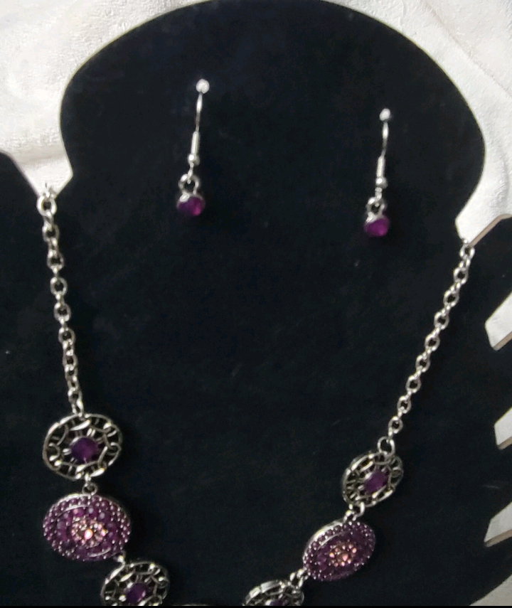 3 Piece Purple And Silvery Jewelry Set Hook Earrings 1/2" Adjustable Chain Thick pendants