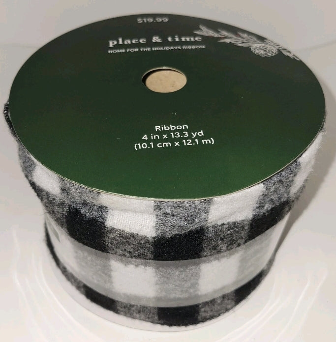 Place And Time Home For The Holiday Ribbon Wired Edge 4" × 13.3 Yards Black White Cheeekers Wide New