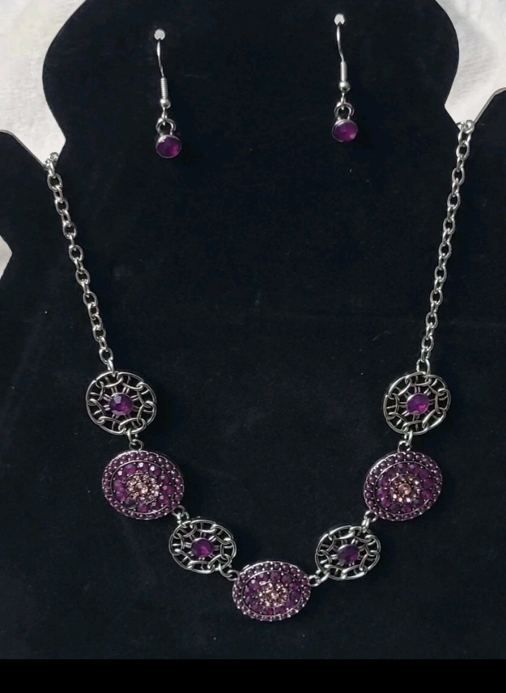 3 Piece Purple And Silvery Jewelry Set Hook Earrings 1/2" Adjustable Chain Thick pendants