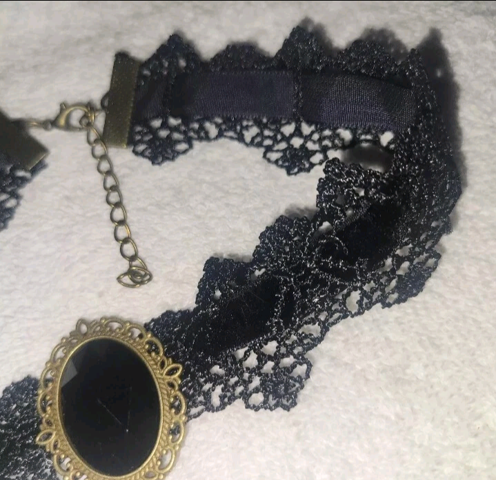 Lace Choker Collar Adjustable Chain In Back Black 16" Long Gothic Cosplay New