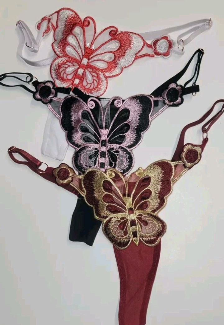 Lot Of 3 Womens Thongs Butterfly Embroidery Low Waist Adjustable Medium New.